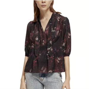 SCOTCH AND SODA I Purple Plum Abstract Pattern Pullover 3/4 Sleeve Blouse Top, S